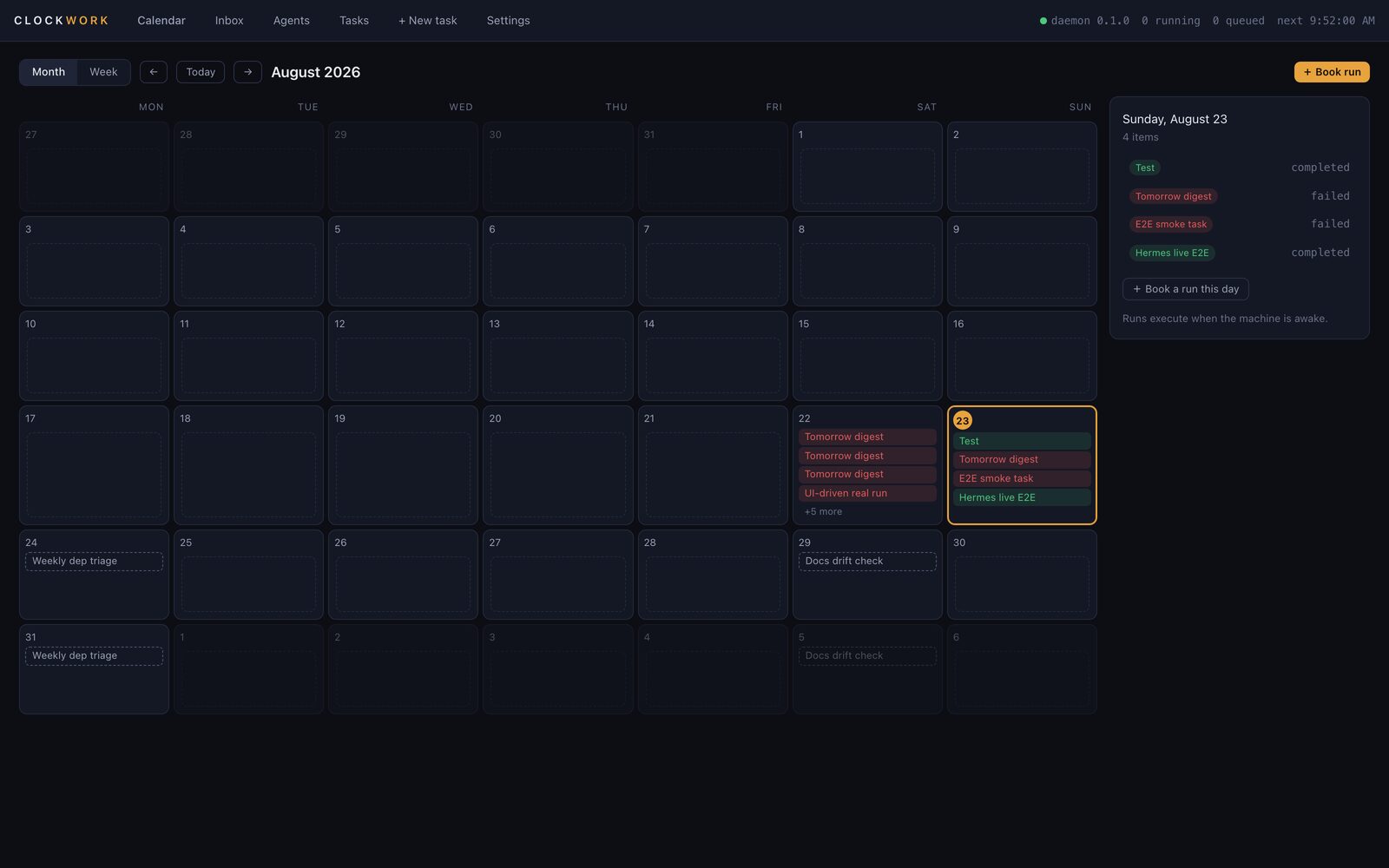 Clockwork: a month calendar with scheduled agent jobs, each showing its agent profile, repo and budget