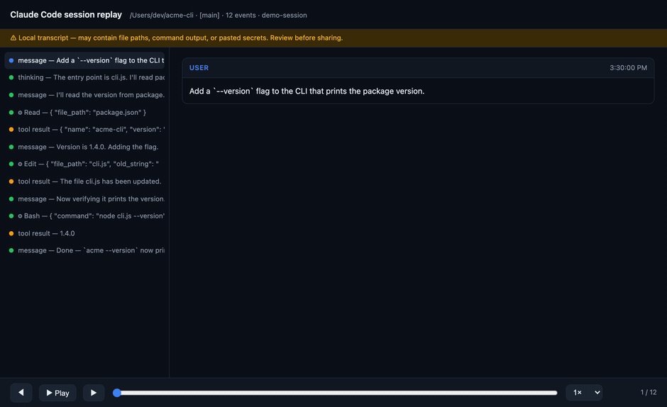 Animated demo: scrubbing through a recorded agent session in the replay player