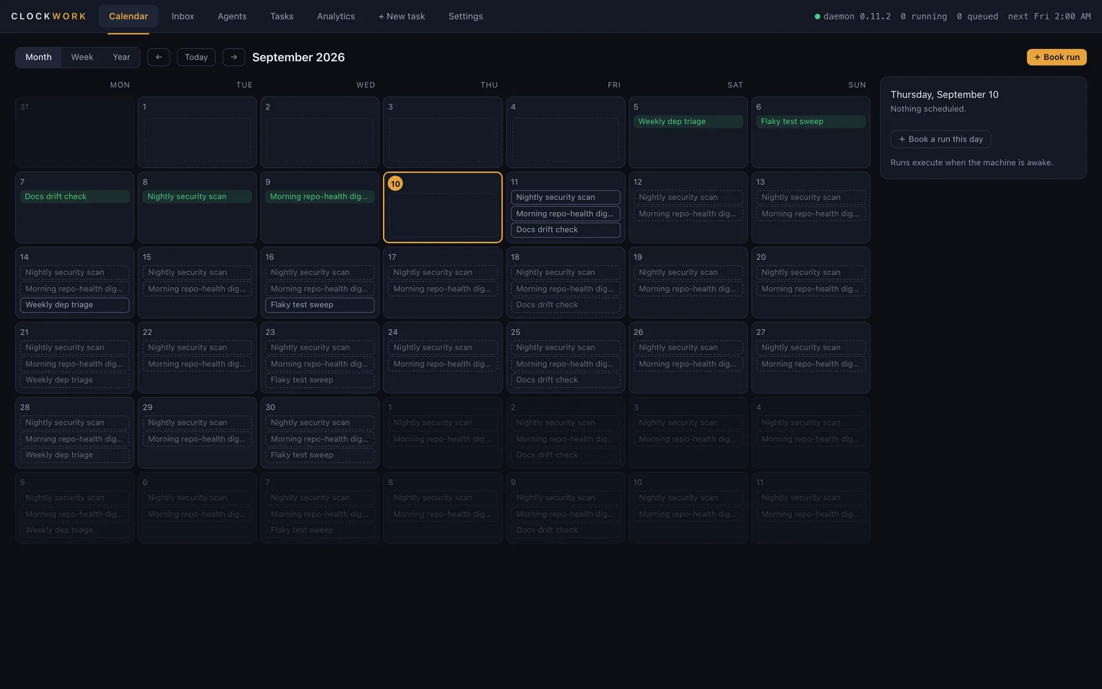 Clockwork month view with recurring agent jobs booked across September