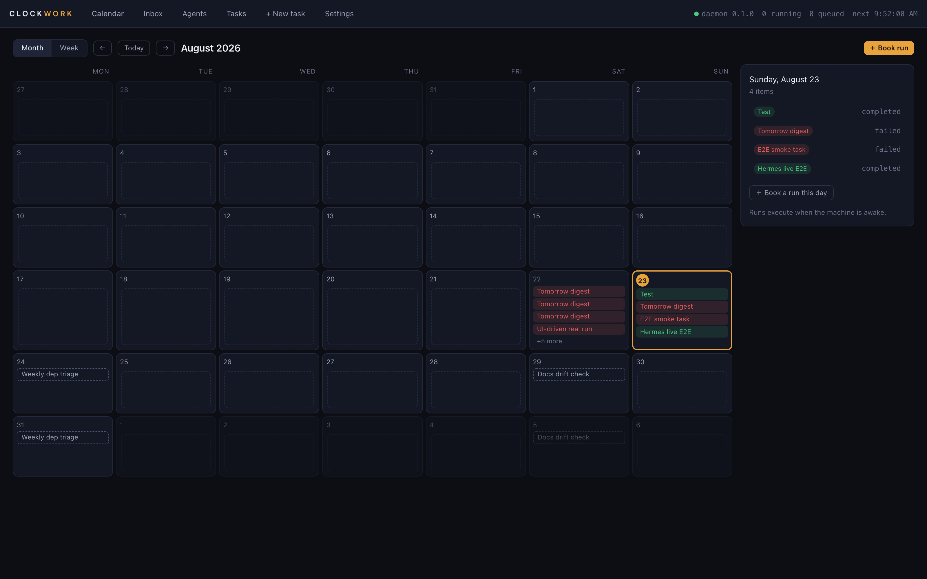 Clockwork month calendar with scheduled agent runs
