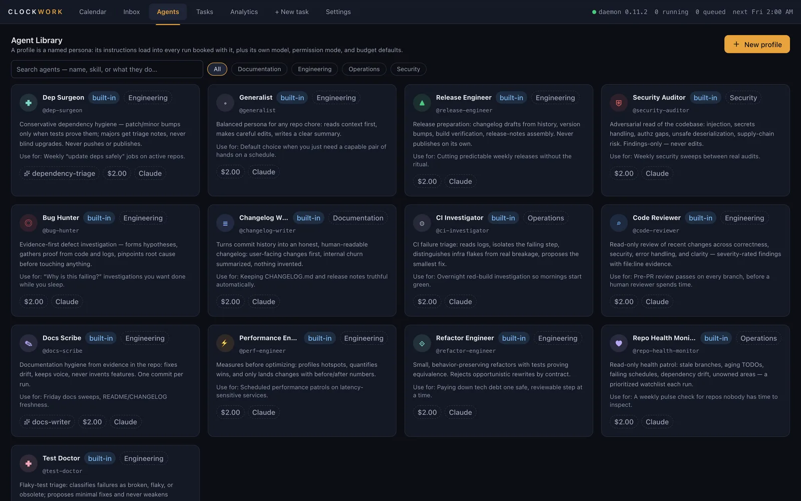 The agent library with all thirteen built-in profiles