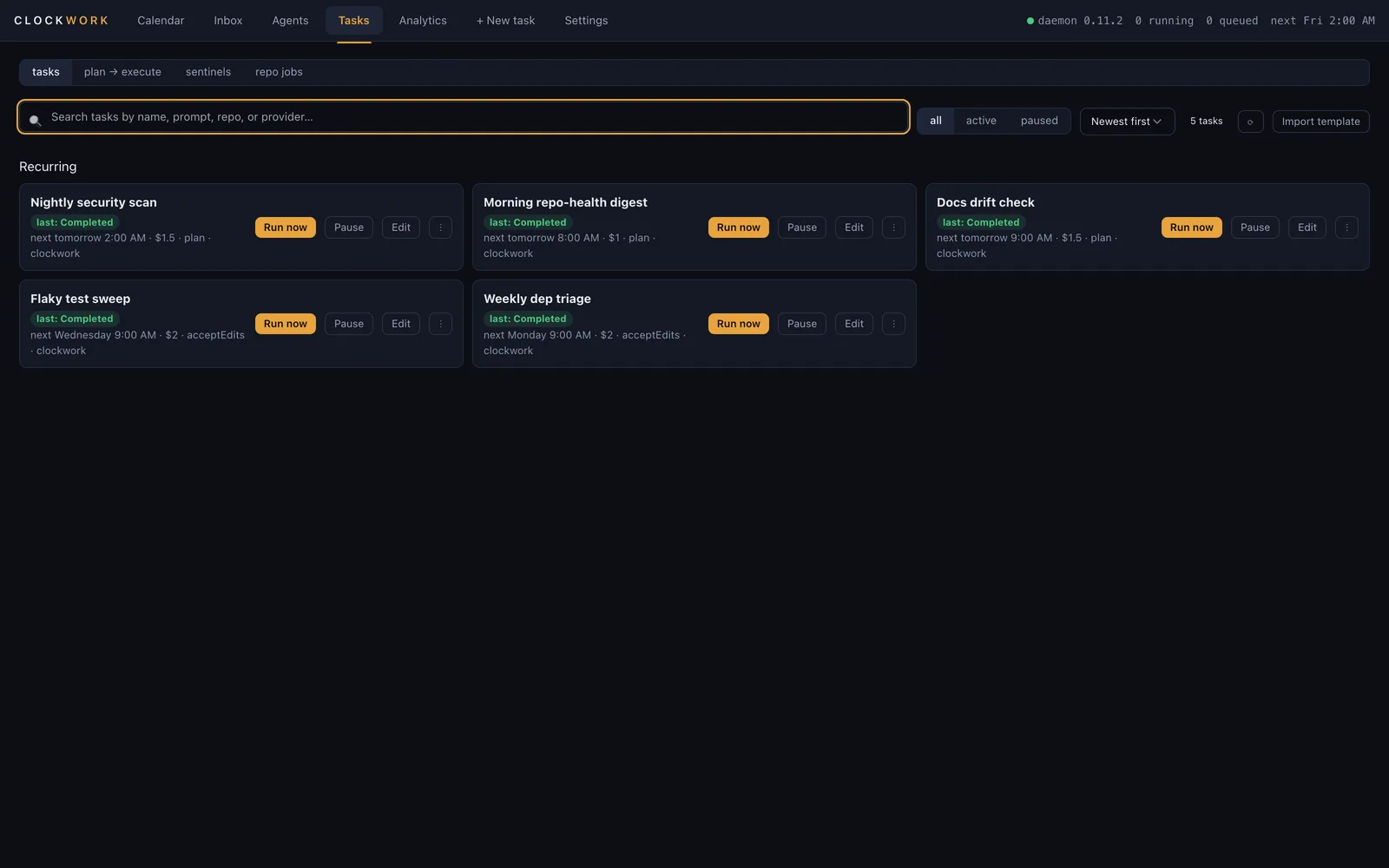The tasks list with schedules, budgets and run-now controls