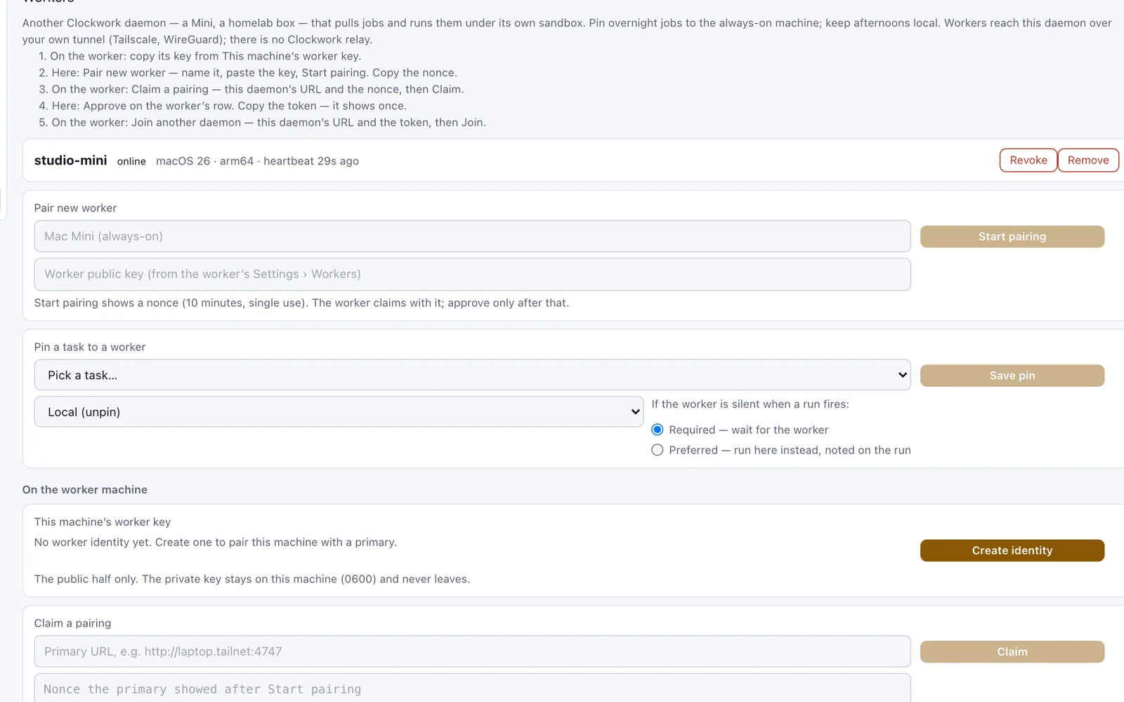 Settings, Workers: a paired Mac mini online, with the numbered pairing steps